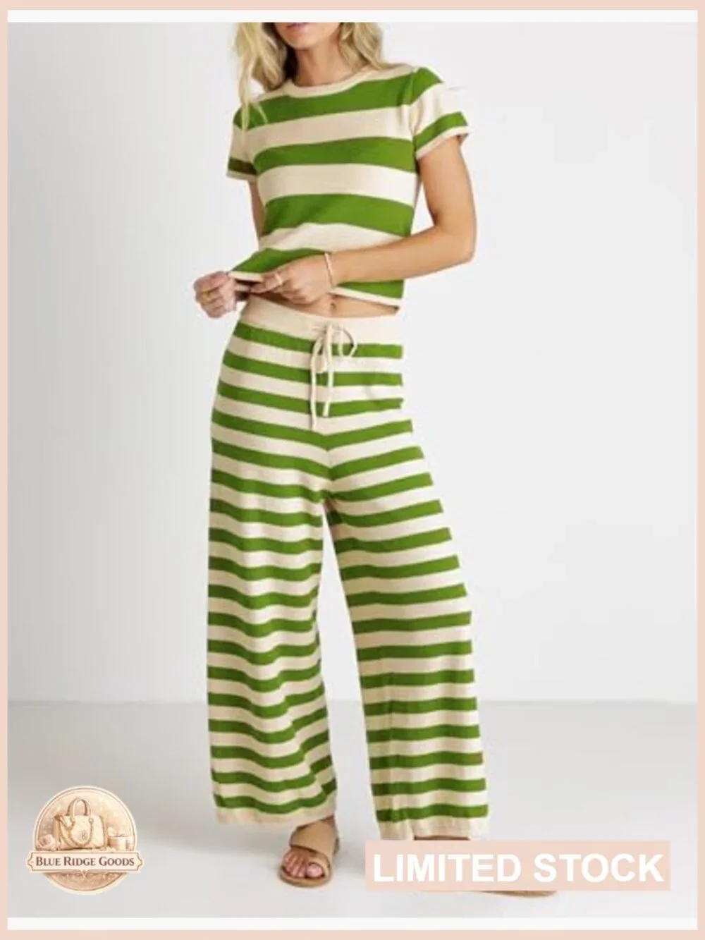 Two Piece Striped Lounge Set Crop Top Wide Leg Pants Knit Matching Sets Y2K